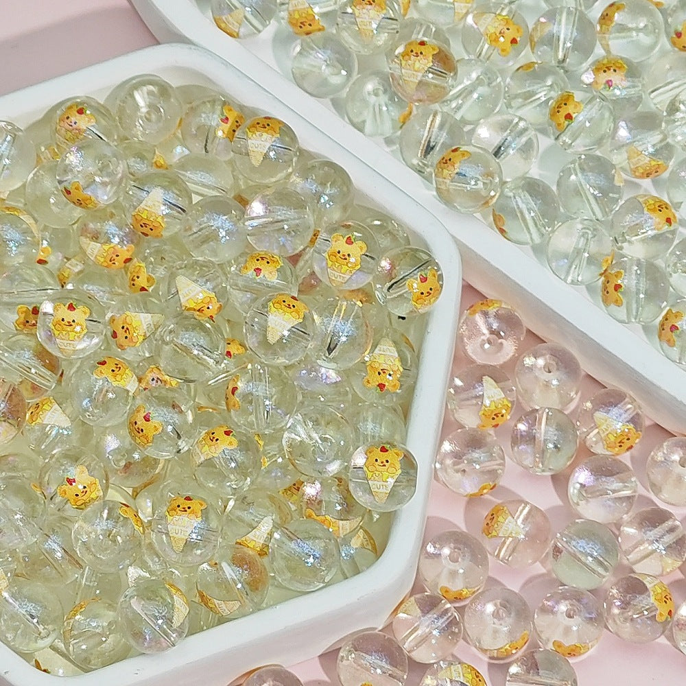 Transparent Round Glass Beads 10mm Cartoon Character Printing 100pcs 19