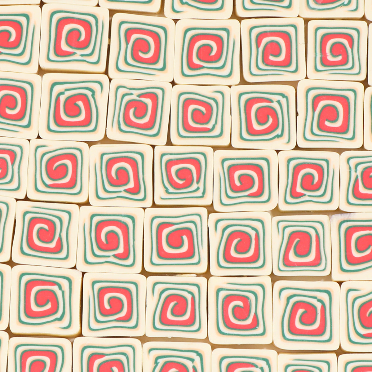 Square Clay Beads 9mm Spiral Pattern Coral Red Teal 100pcs