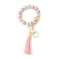 Silicone Bead Bracelet Wrist Keychain Marbled Beech Wood Tassel 6