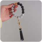 Silicone Beaded Wristlet Keychain with PU Tassel and Wood Accent 4
