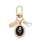 Vintage Gold Rose Pearl Keychain Zinc Alloy Black White 5