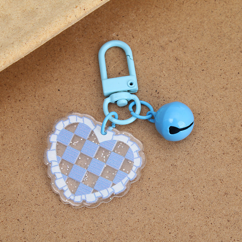 Acrylic Heart Keychain Vibrant Love Grid Checkerboard with Bell Charm 8