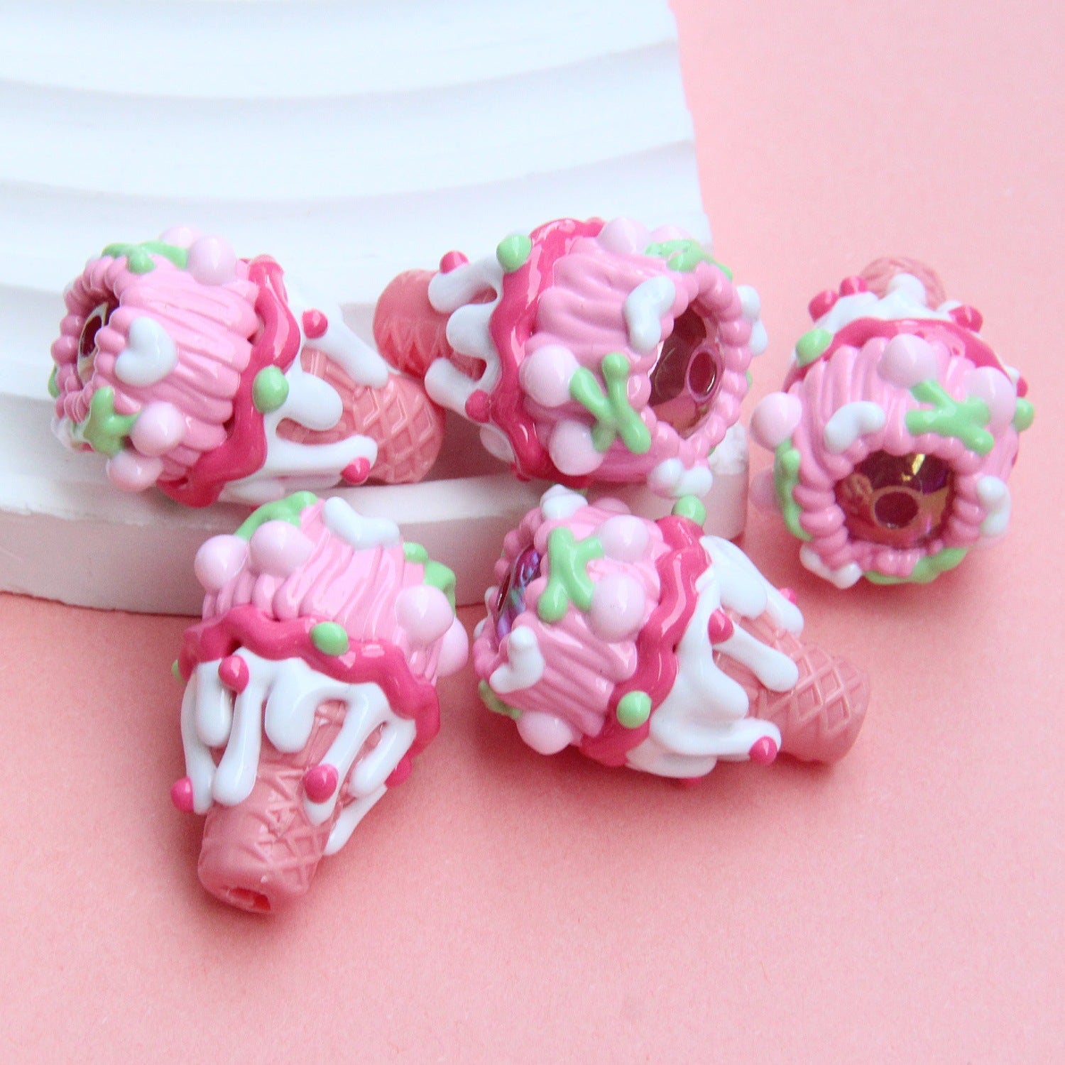 Hand Painted Acrylic Beads 3D Christmas Bells and Cabin 5pcs 10