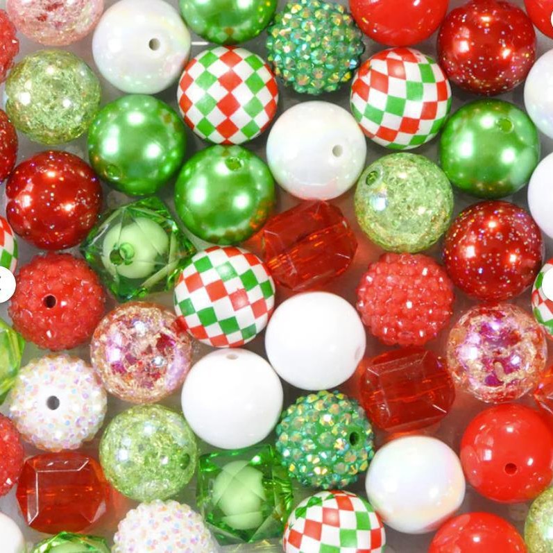 Bubblegum Beads 20mm Christmas Red Green White Plaid Glitter Chunky Mix 50pcs 2