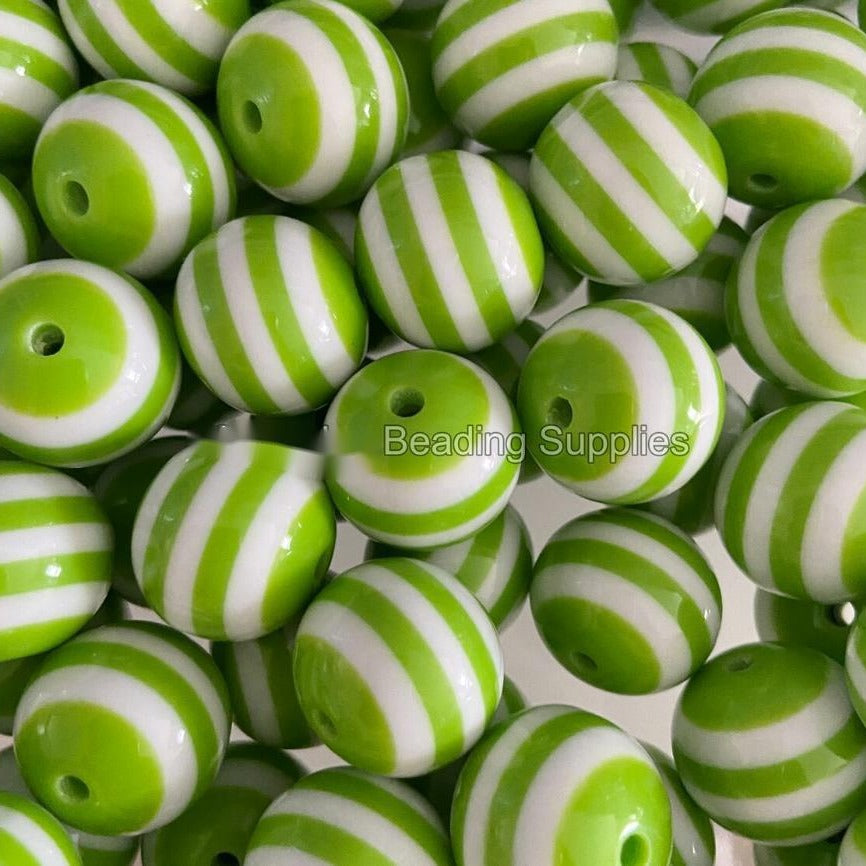 Striped Bubblegum Beads 20mm Light Green White Chunky Resin 10pcs