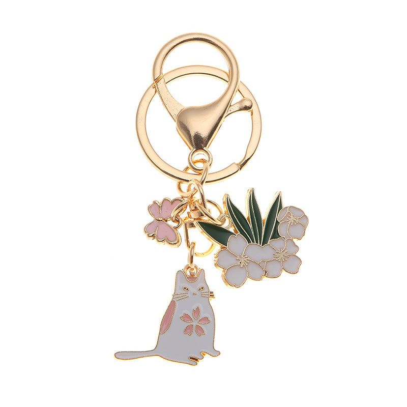Metal Cherry Blossom Rabbit and Cat Keychain Gold Floral Design 5
