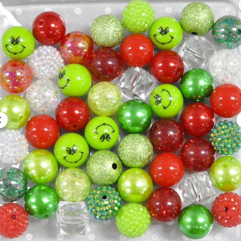 Bubblegum Beads 20mm Grinch Red Green Glitter Chunky Mix 50pcs