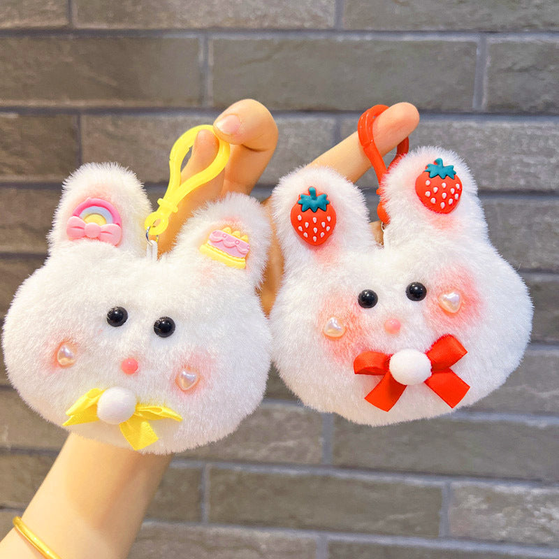 Plush Bow Tie Rabbit Head Keychain Soft Pastel Animal Charm 2