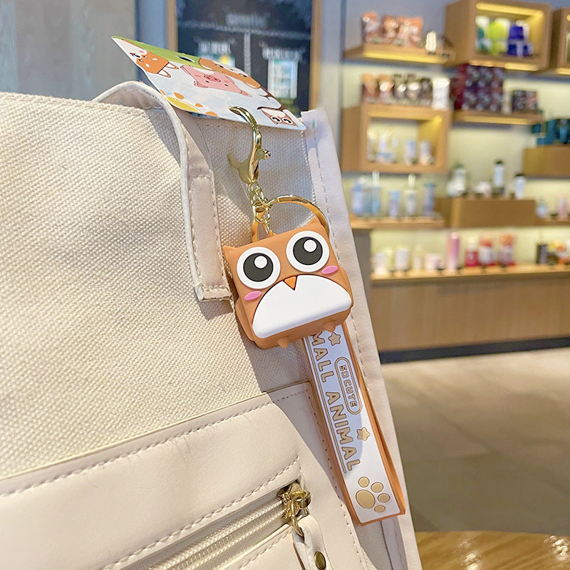 PVC Rubber Cube Animal Keychain with Leather Rope Dog Cat Owl Piggy 4
