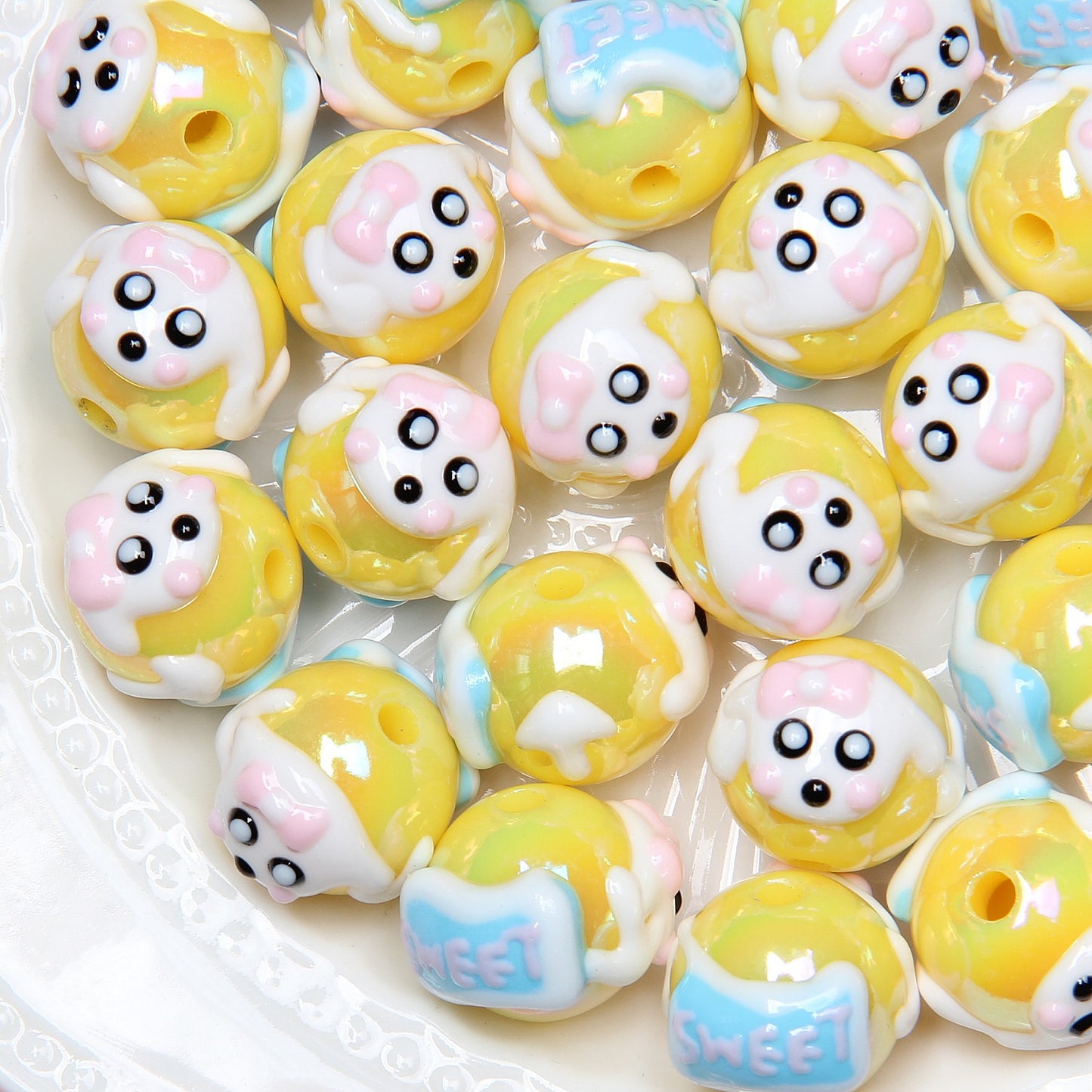 Hand Painted Acrylic Beads 16mm New Year Dog Faces 10pcs 20