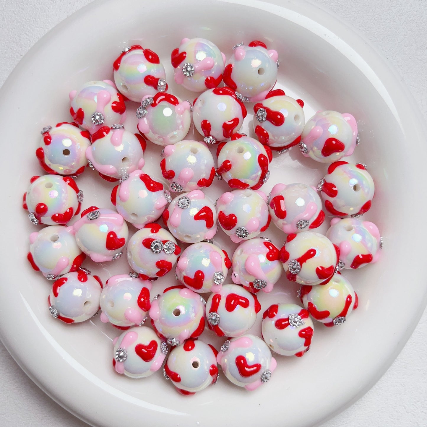Hand Painted Rhinestone Flower Acrylic Round Beads 16mm 5pcs 20