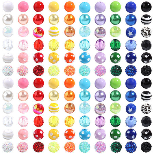 Multi-Color Bubblegum Beads 20mm Vibrant Solids Stripes Polka Dot Rhinestone 120pcs