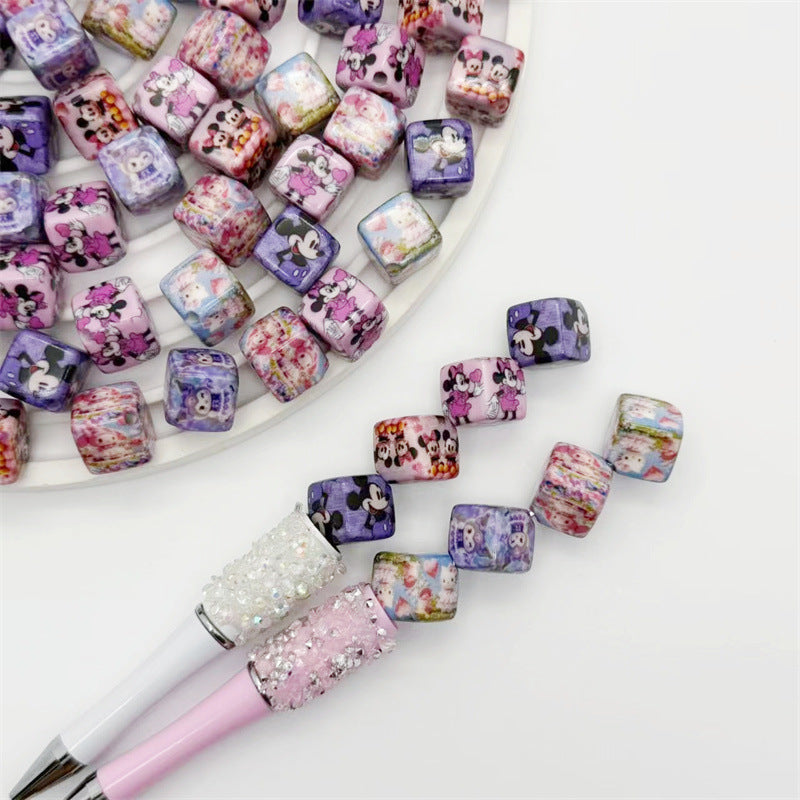 Square Acrylic Beads 14mm Diagonal-Hole Mickey and Sanrio Printed 50pcs 3