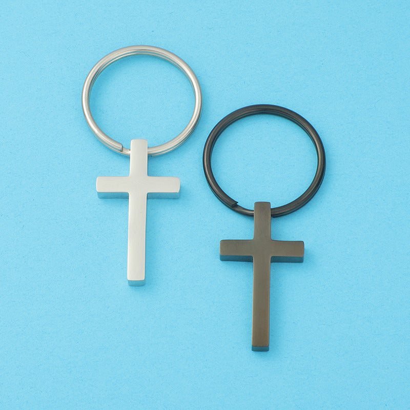 Stainless Steel Cross Keychain Minimalist Polished Silver and Black 2
