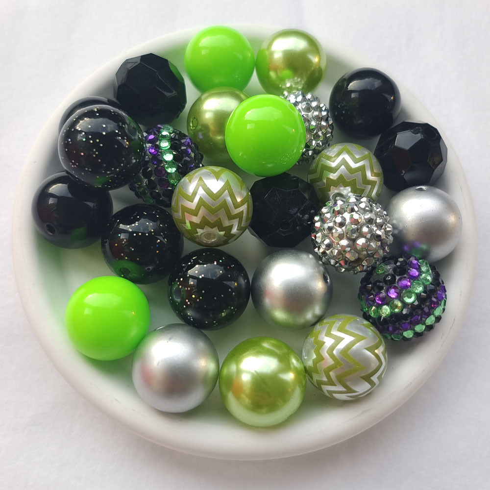 Bubblegum Beads 20mm Black Neon Green Silver Glitter Chunky Mix 50pcs