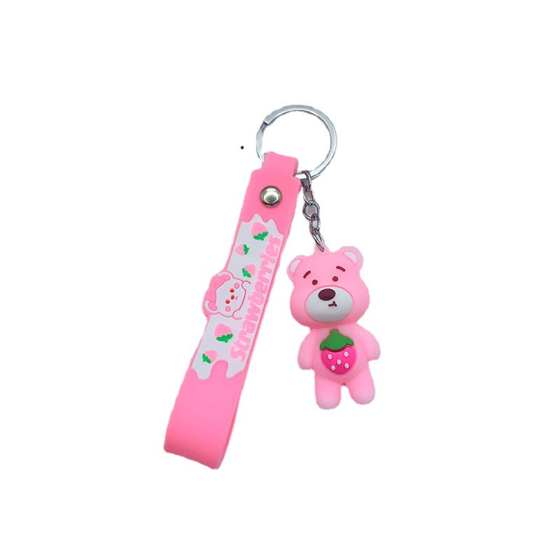 Silicone Bear Couple Keychain Pink and Burgundy with Strawberry and Flower Charm 5