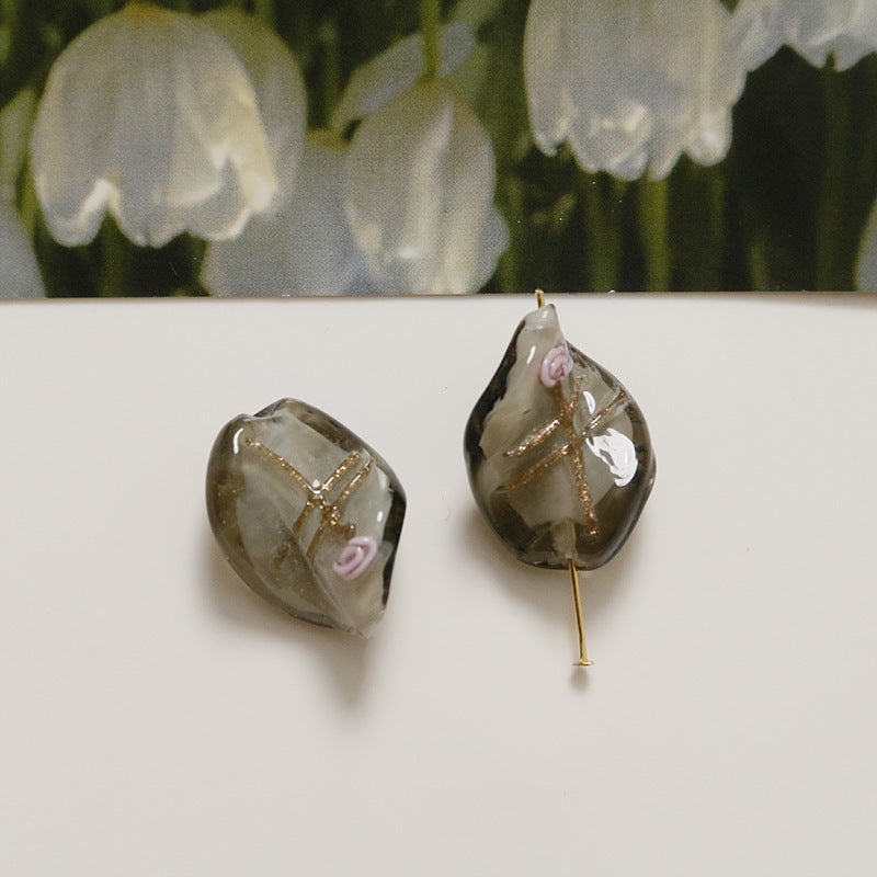 Lampwork Glass Beads Leaf 22mm Handmade Distressed Curled 4pcs 9