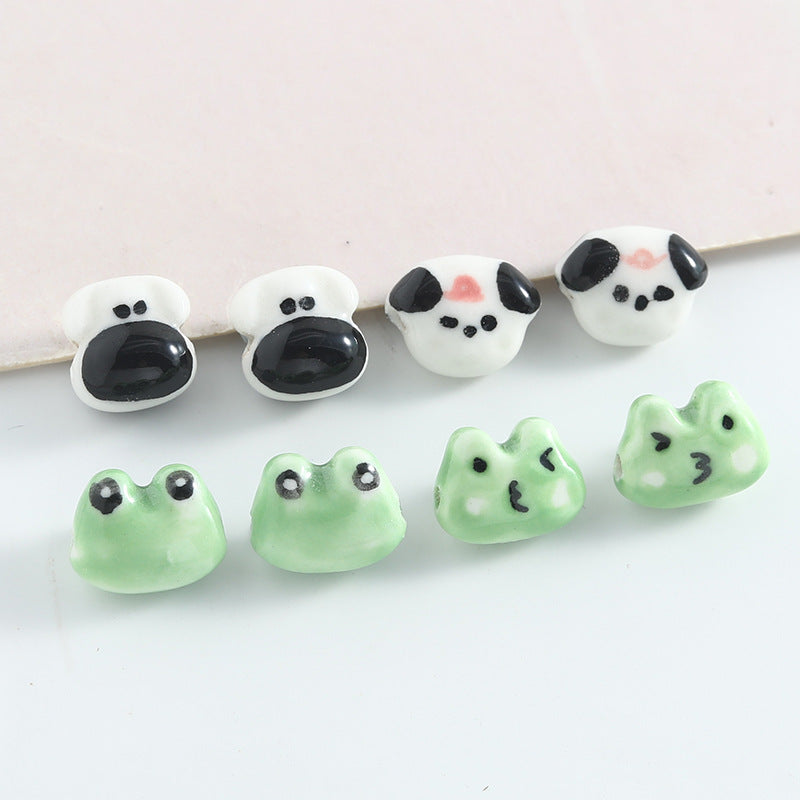 Hand Painted Frog and Puppy Ceramic Beads Glossy Finish 5pcs