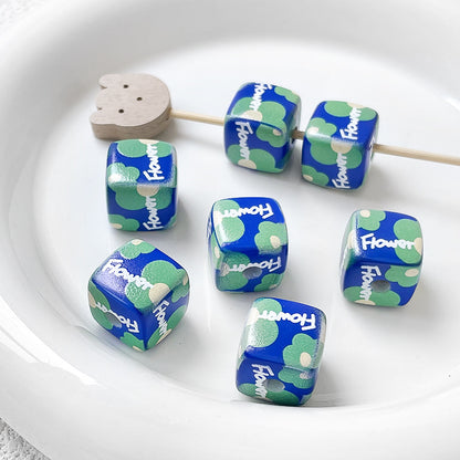 Hand Painted Square Acrylic Beads 14mm Flower Plaid Design 2pcs 11