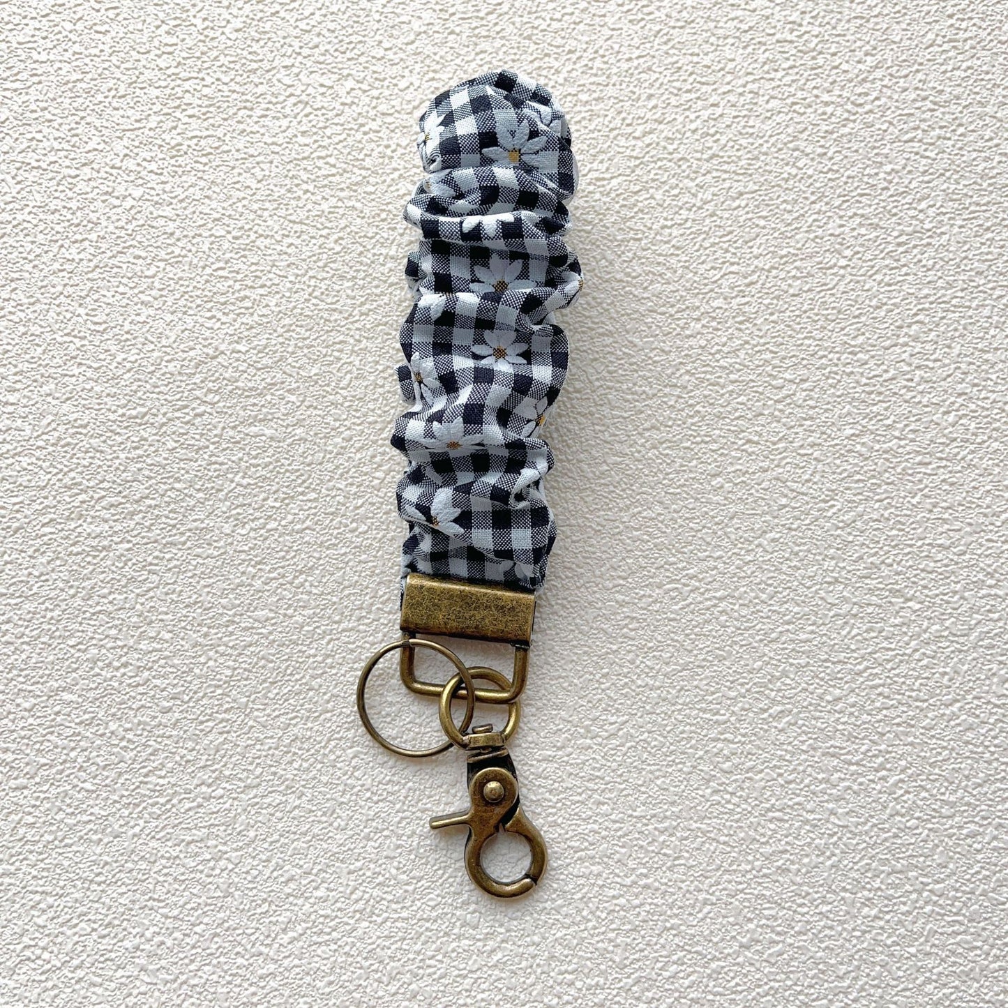 Plaid and Dotted Fabric Scrunchie Keychain with Vintage Brass Clasp 2pcs 10