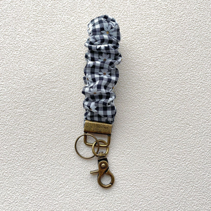 Plaid and Dotted Fabric Scrunchie Keychain with Vintage Brass Clasp 2pcs 10