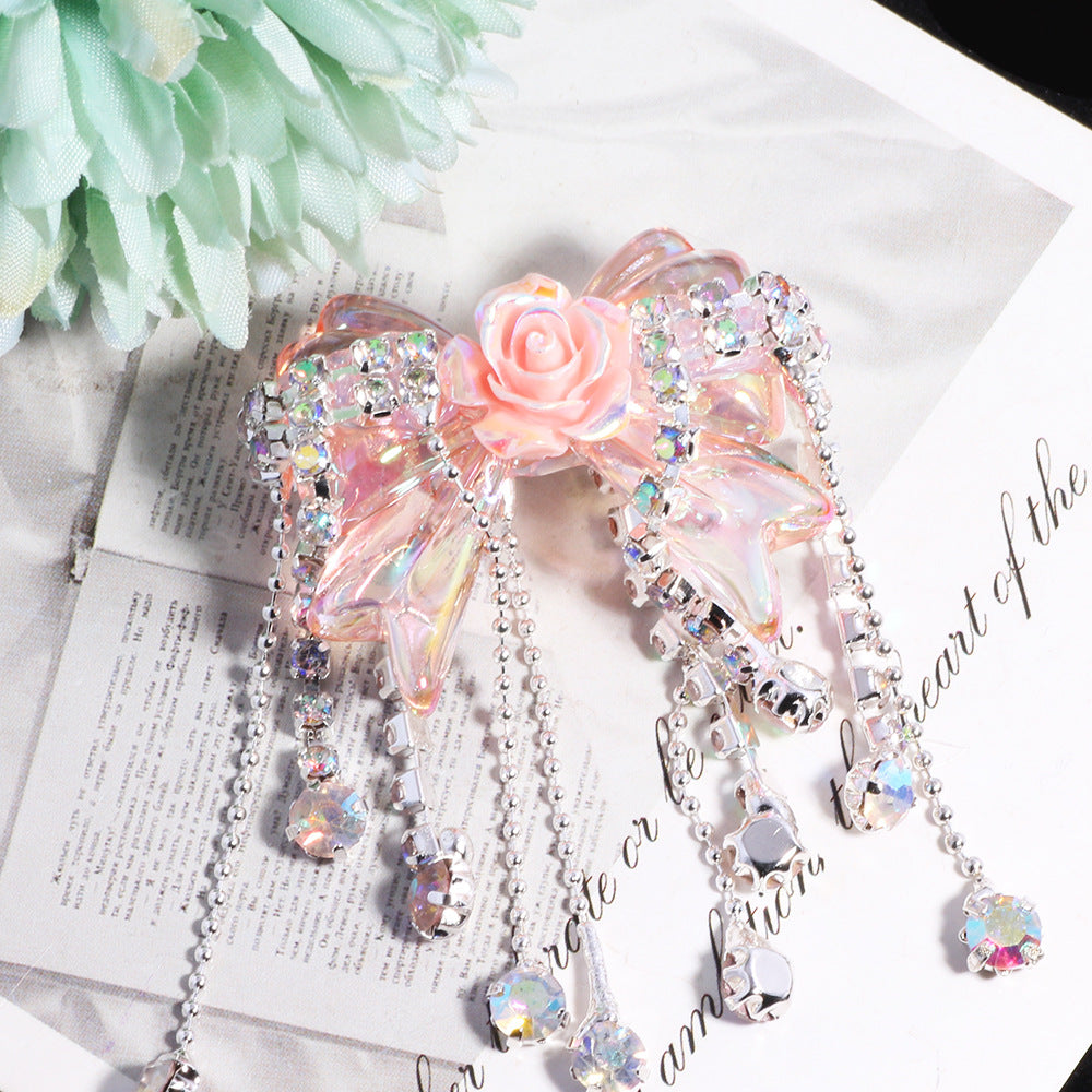 Fancy Tassel Rose Bow Acrylic Beads 40mm Rhinestone 3pcs 10