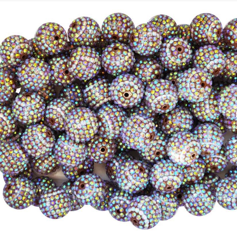 Plated Bubblegum Beads 20mm Rugby Pattern Brown with Rhinestones 10pcs 2