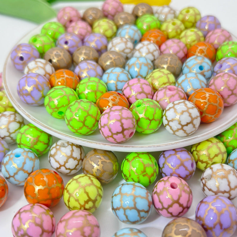 Round Acrylic Beads 16mm Gilded Plaid Pattern Glossy 50pcs