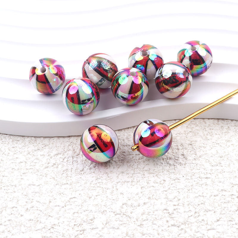 Plating Round Acrylic Beads 16mm UV Sports Ball Pattern 20pcs 7