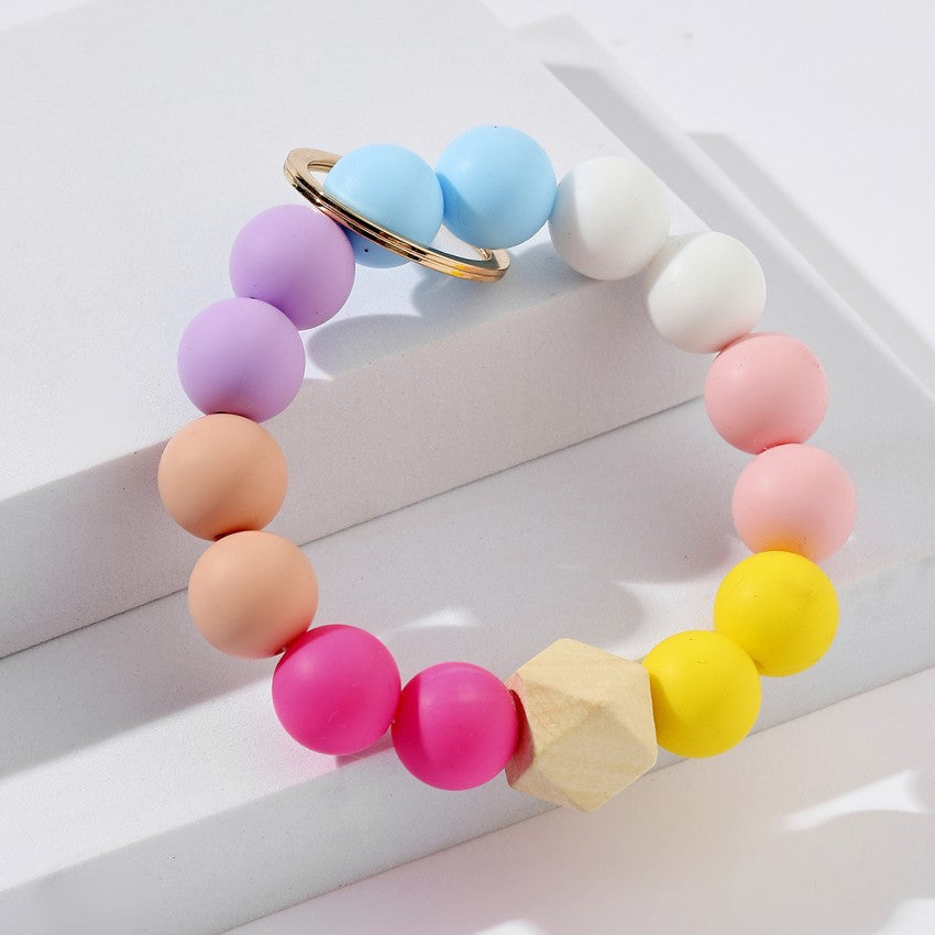 Silicone Beads Bracelet Wristlet Keychain with Wood Geometric Accent 2