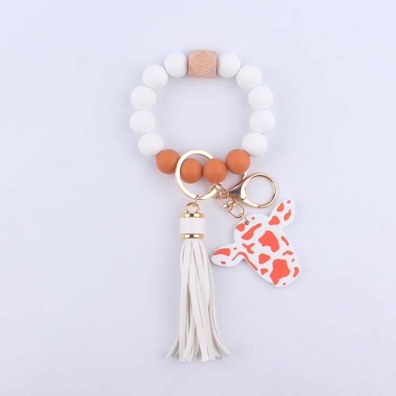 Silicone Beaded Wristlet Keychain with Leather Tassel and Cow Print Charm 6