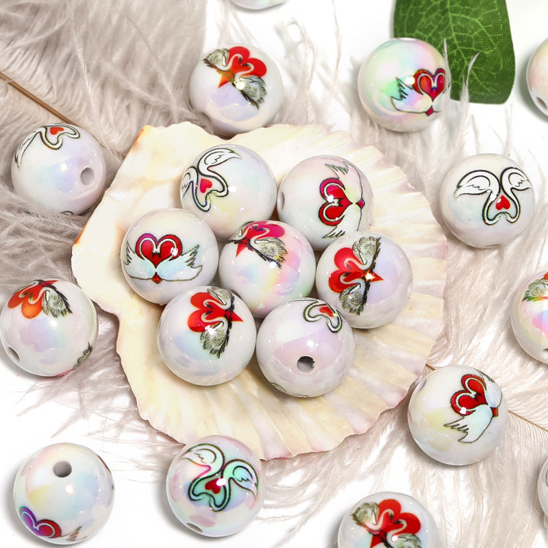 UV Plating Round Acrylic Beads 16mm Valentine Swan Print 50pcs 3