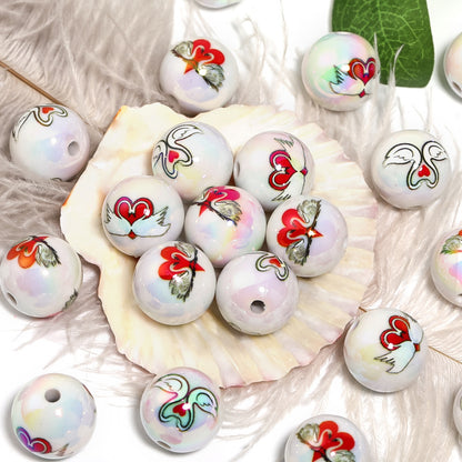 UV Plating Round Acrylic Beads 16mm Valentine Swan Print 50pcs 3