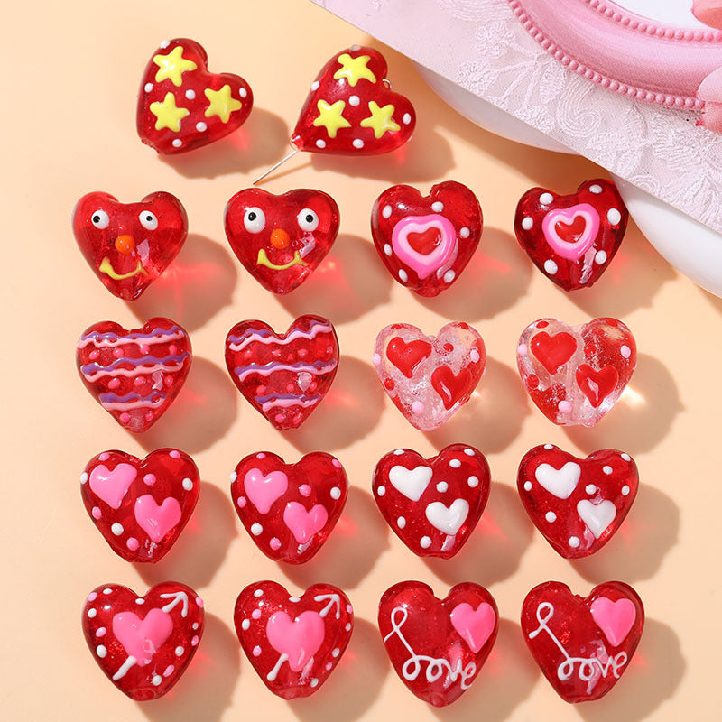 Hand Painted Heart Glass Beads 20mm Red Enamel 2pcs