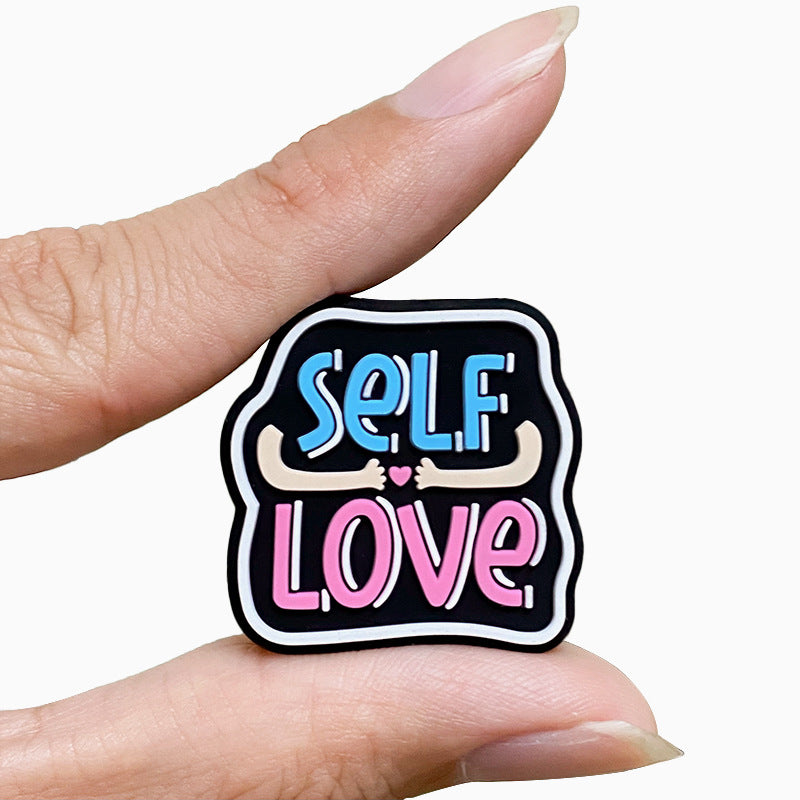 Silicone Focal Beads Self Love Colorful Lettering Black Background 20pcs 5