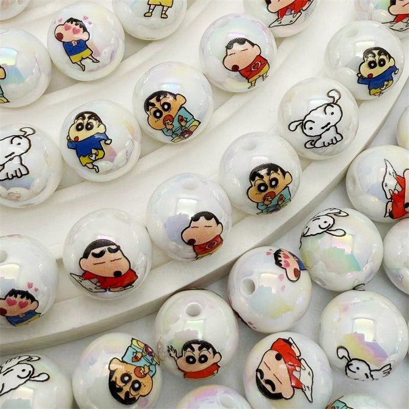 Plating Acrylic Beads 16mm White Shin Chan Printed Glossy 50pcs
