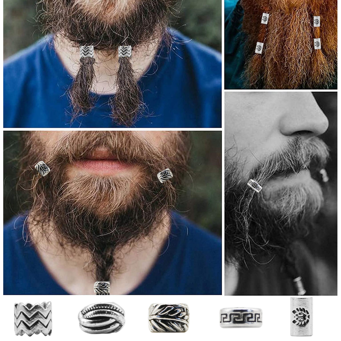 Vintage Metal Beard Beads Viking Nordic Pattern 5pcs