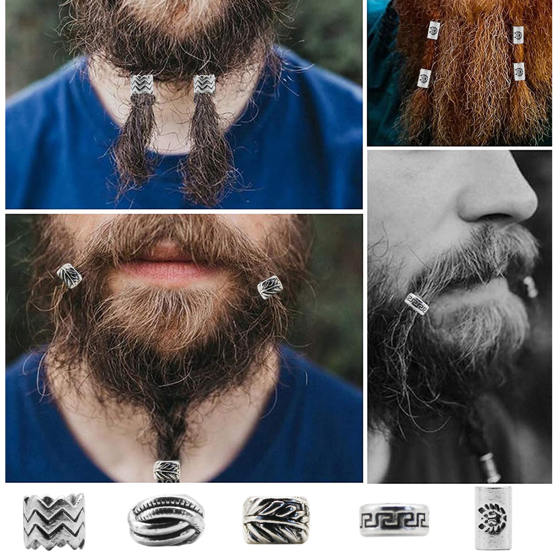 Vintage Metal Beard Beads Viking Nordic Pattern 5pcs