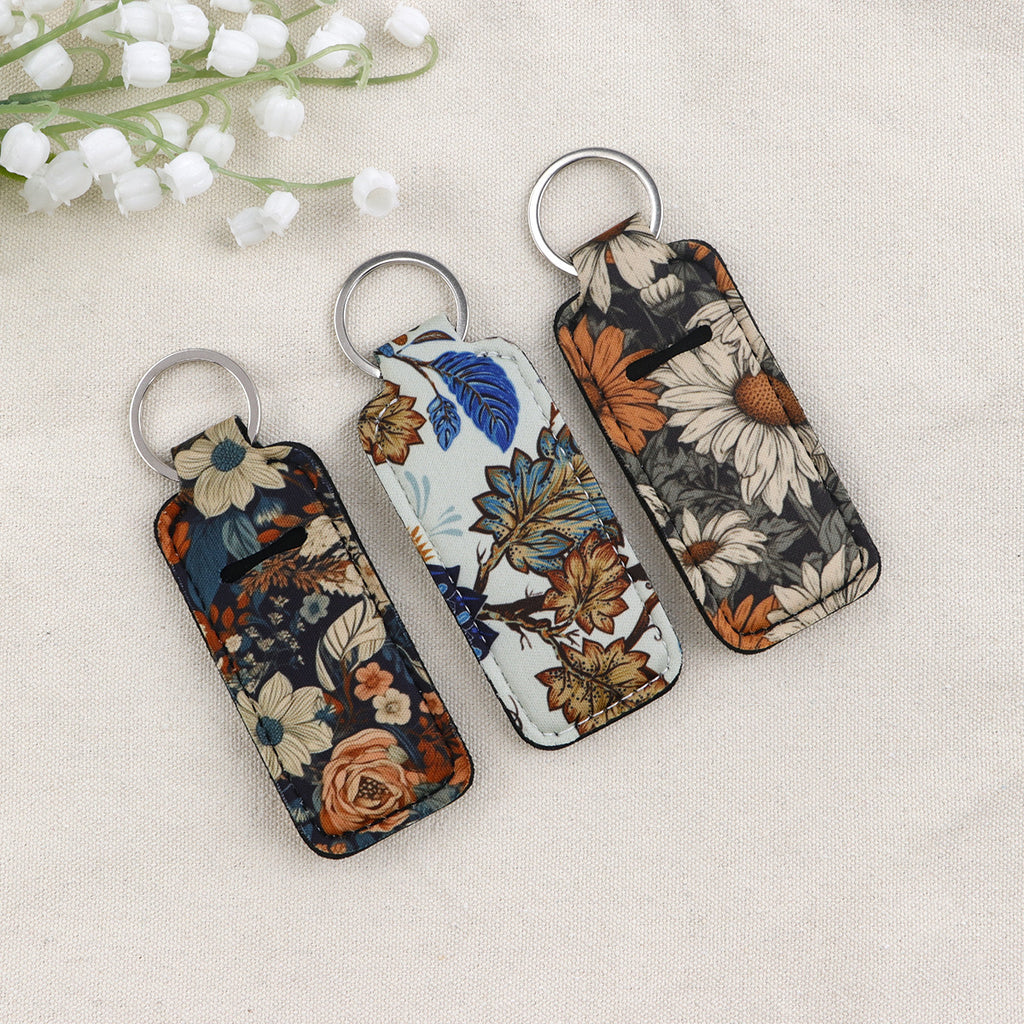 Blossom Pattern Chapstick Holder Neoprene Functional Keychain 3pcs