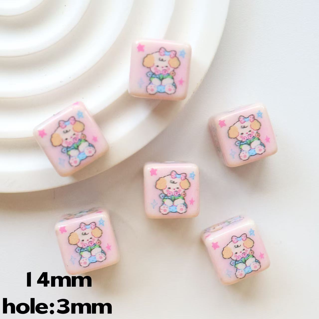 Printed Square Acrylic Beads 14mm Pastel Animal Faces Glossy 20pcs 8