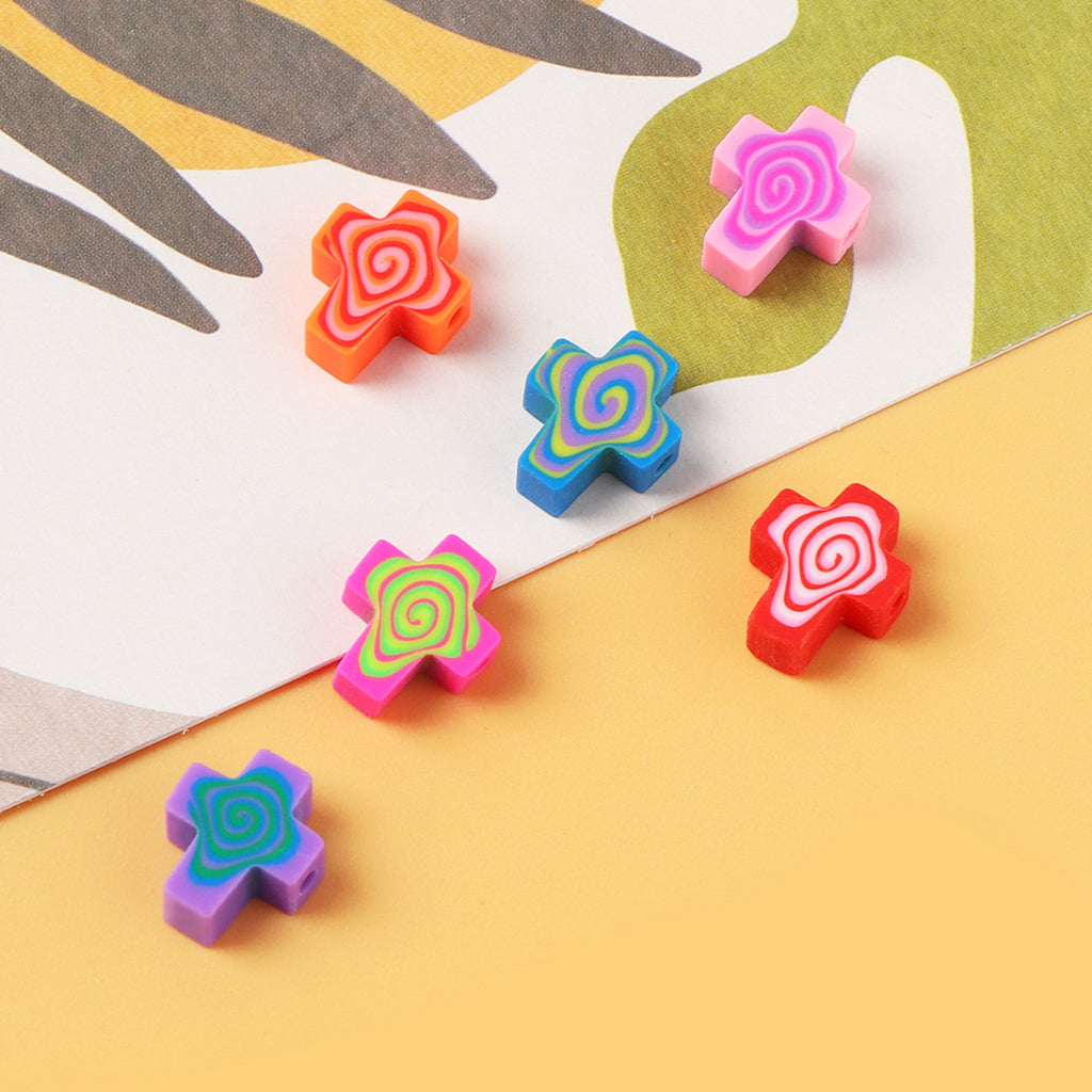Spiral Pattern Cross Clay Beads 12mm Colorful Mixed 100pcs 3