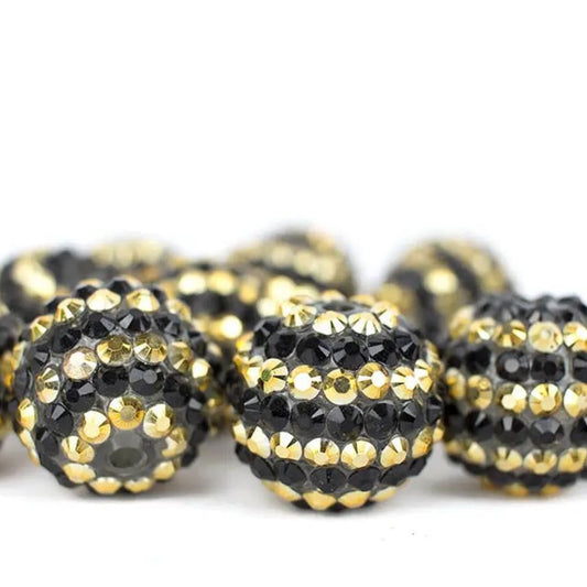 Rhinestone Bubblegum Beads 16-22mm Black Gold Striped Resin 5pcs
