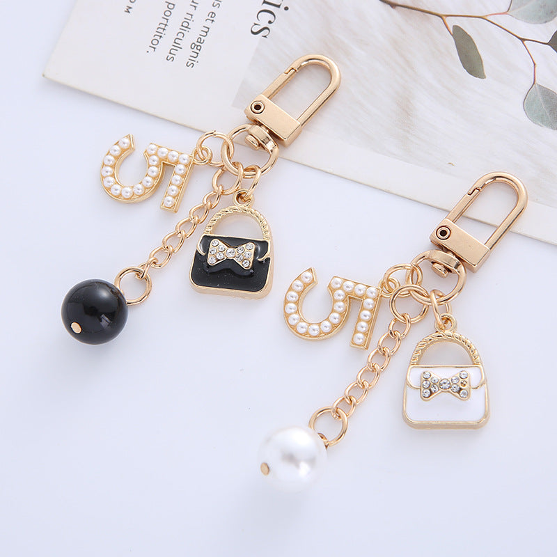 Metal Letter Bag Rhinestone Keychain Glossy Purse Charm