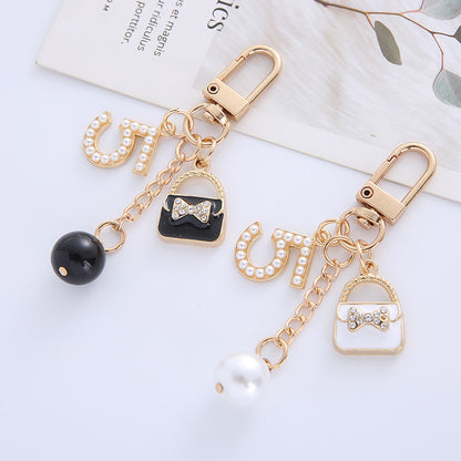 Metal Letter Bag Rhinestone Keychain Glossy Purse Charm
