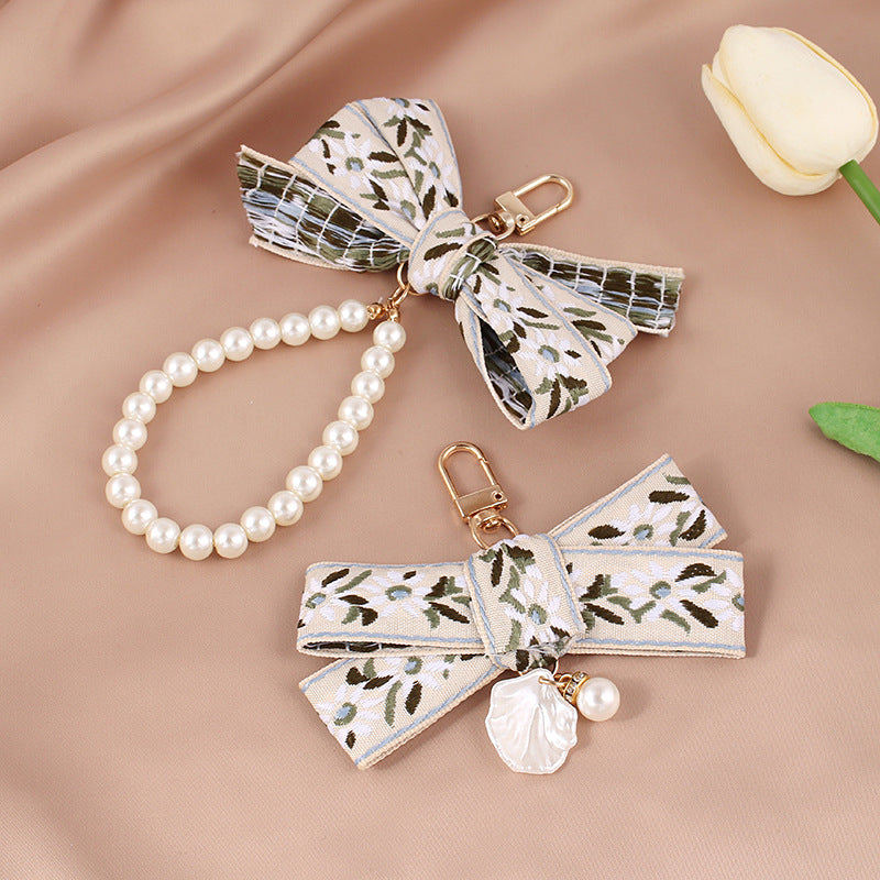 Fabric Woven Pearl Bow Keychain Vintage Floral Accessory 2