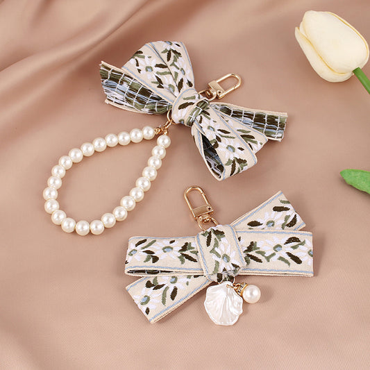 Fabric Woven Pearl Bow Keychain Vintage Floral Accessory 2