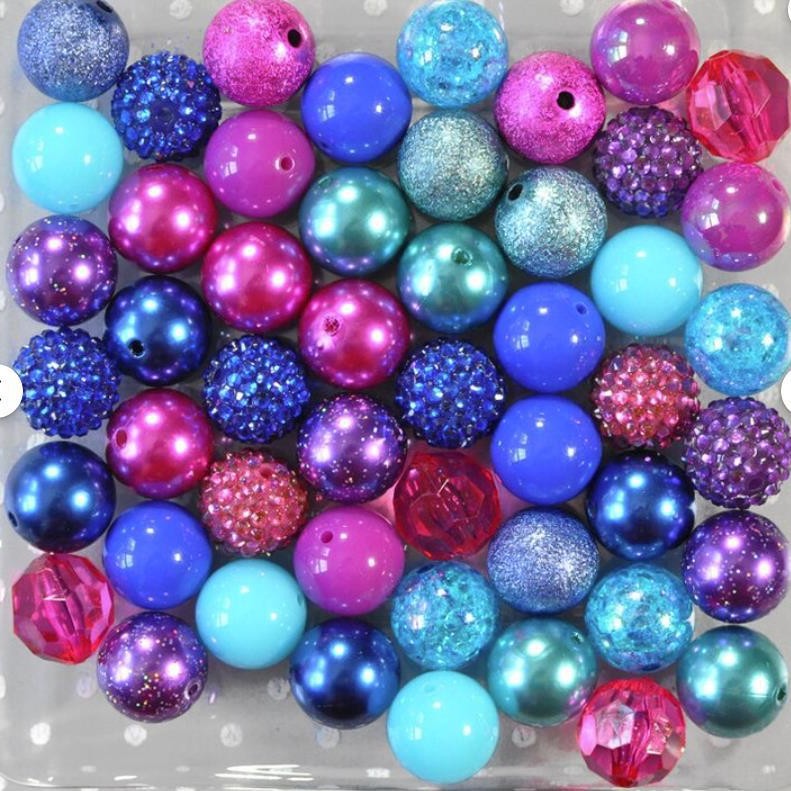 Bubblegum Beads 20mm Rose Red Blue Purple Glitter Chunky Mix 50pcs