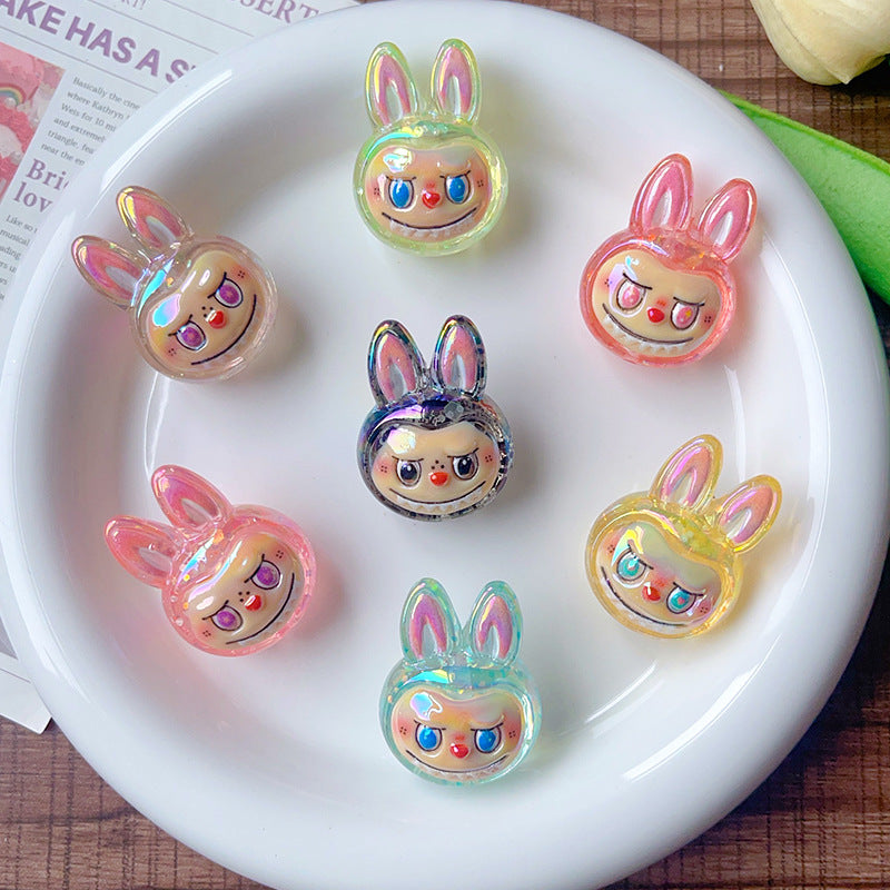 Iridescent Bunny Face Resin Beads 33mm Glossy UV Plating 5pcs 2