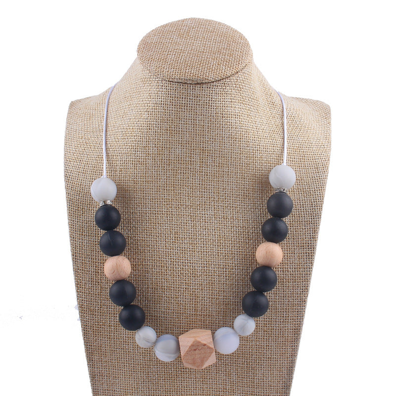 Octagon Silicone Beaded Keychain Necklace Matte Black White Wood