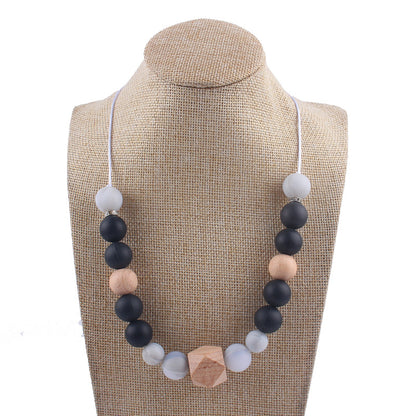 Octagon Silicone Beaded Keychain Necklace Matte Black White Wood